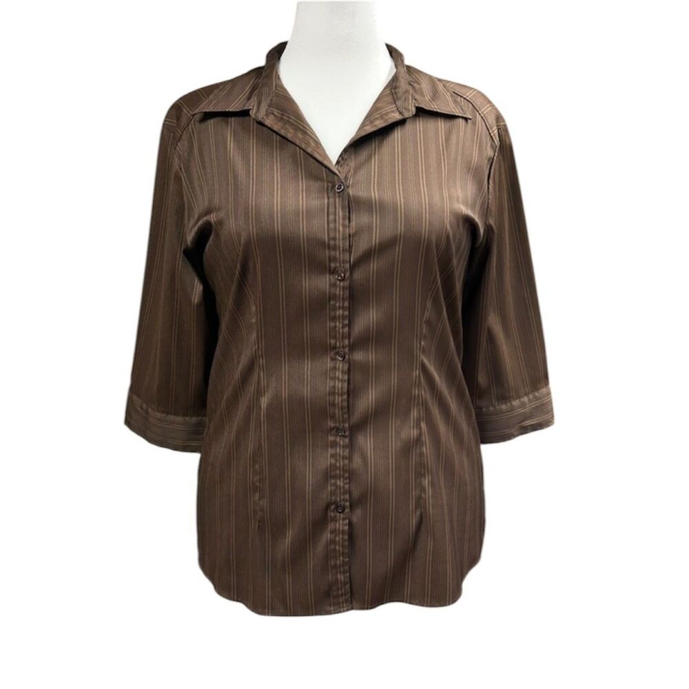 DCC Missy 90s Y2K Striped V Neck Button Up Stretch Shirt Sz XL Brown